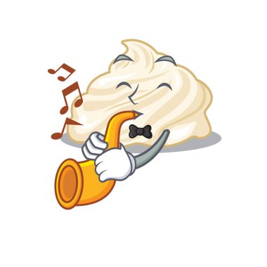 Maskot tasarımı konsepti. Krem şanti trompet çalıyor. Vektör illüstrasyonu