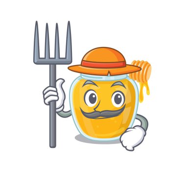 Şapkalı ve aletli mutlu çiftçi bal çizgi filmi. Vektör illüstrasyonu