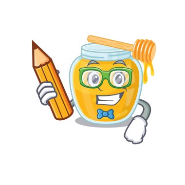 Kalem tutan zeki bir öğrenci bal karakteri. Vektör illüstrasyonu