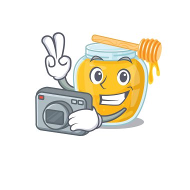 Kameralı havalı fotoğrafçı bal karakteri. Vektör illüstrasyonu