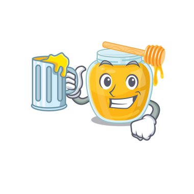 Gülen ballı maskot tasarımı ve büyük bir bardak. Vektör illüstrasyonu