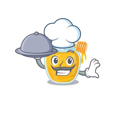 Aşçı olarak tepside yemek servisi yapan bir bal resmi. Vektör illüstrasyonu