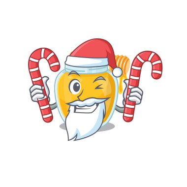 Tatlı Çizgi Film karakteri Noel Baba kostümü giyiyor ve şeker getiriyor. Vektör illüstrasyonu