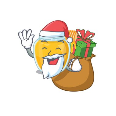 Noel Baba Bal Çizgi Film Karakteri Tasarımı 'nda hediye kutusu var. Vektör illüstrasyonu