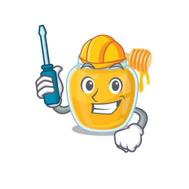 Çizgi film karakteri tarzı bal otomotiv olarak çalışıyor. Vektör illüstrasyonu