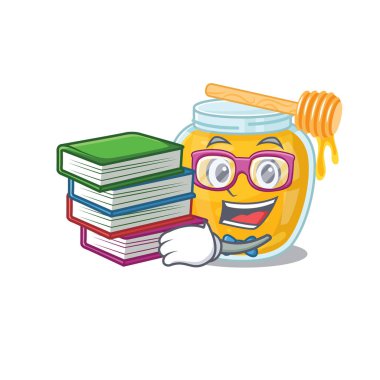 Kitapla ders çalışan ballı bir maskot çizgi filmi. Vektör illüstrasyonu