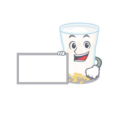 Yulaf sütünün çizgi film karakteri bir tahta getirir. Vektör illüstrasyonu