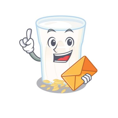 Gülen yüz, süt maskotu tasarımını zarf ile yulaf yapar. Vektör illüstrasyonu