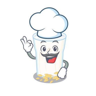 Yulaf sütlü çizgi film karakteri aşçı olarak çalışıyor ve beyaz şapka takıyor. Vektör illüstrasyonu