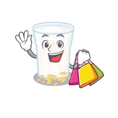 Dost canlısı zengin bir yulaf süt sallıyor ve alışveriş torbası tutuyor. Vektör illüstrasyonu