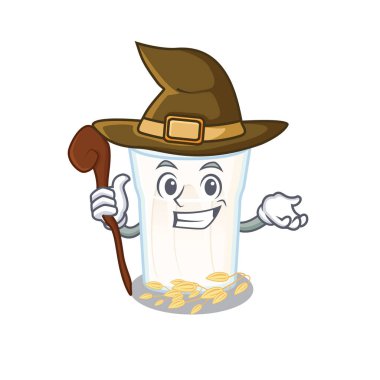 Bir cadı olarak yapılan yulaf sütü maskot konsepti. Vektör illüstrasyonu