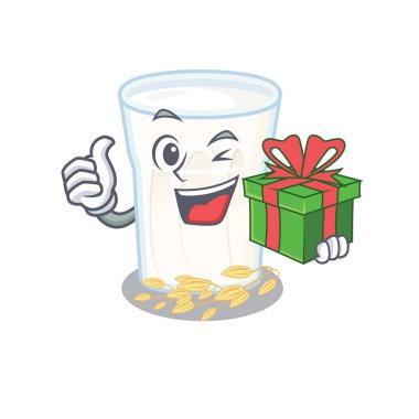 Happy Yulaf 'ın hediye kutusu olan süt karakteri. Vektör illüstrasyonu