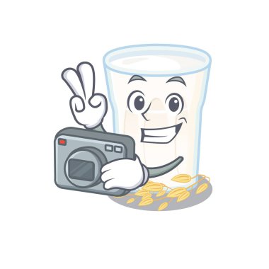 Havalı fotoğrafçı elinde kamerayla süt karakterini yulaf eziyor. Vektör illüstrasyonu