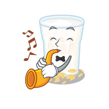 Maskot tasarımı konsepti yulaf sütü trompet çalıyor. Vektör illüstrasyonu