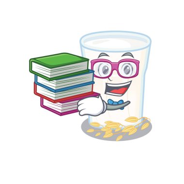 Maskot yulaf sütü çizgi filmi kitapla çalışıyor. Vektör illüstrasyonu