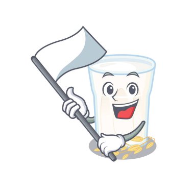 Komik yulaf sütlü çizgi film karakteri tarzı ayakta duran bir bayrak taşıyor. Vektör illüstrasyonu