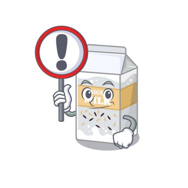 Tatlı maskot tipi pirinç sütü bir tabela kaldırdı. Vektör illüstrasyonu