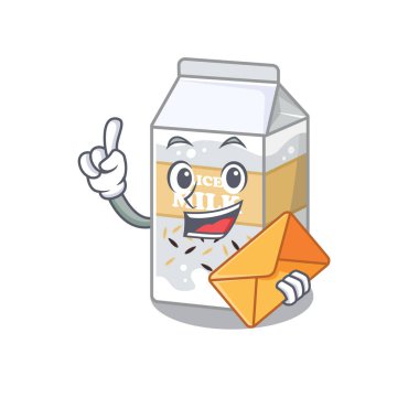 Mutlu yüz pirinç sütlü maskot tasarımı ve zarf. Vektör illüstrasyonu