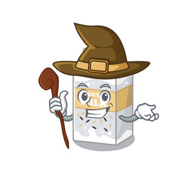 Bir cadı olarak icra edilen pirinç sütü maskotu konsepti. Vektör illüstrasyonu