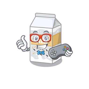 Gülen oyuncu pirinç sütlü çizgi film maskotu tarzı. Vektör illüstrasyonu