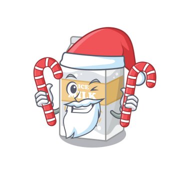 Sütlü pirinç çizgi film karakteri Noel Baba kostümü giyiyor ve şeker getiriyor. Vektör illüstrasyonu