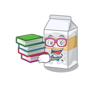 Kitap okuyarak pirinç sütü maskot çizgi filmi. Vektör illüstrasyonu