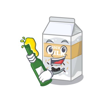 Pirinç sütü ve bira şişesinin maskot çizimi. Vektör illüstrasyonu