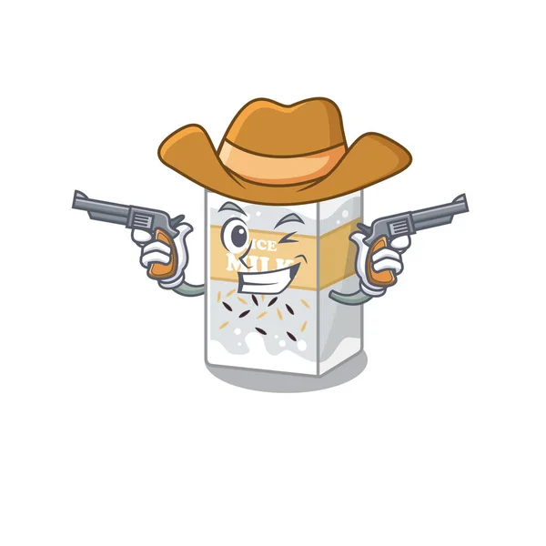 Rijstmelk Cowboy Cartoon Concept Met Geweren Vectorillustratie — Stockvector