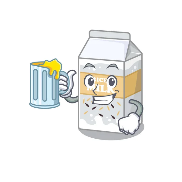 Smiley Rice Melk Mascotte Ontwerp Met Een Groot Glas Vectorillustratie — Stockvector