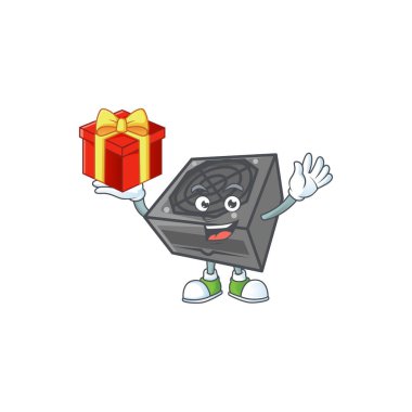 Güç kaynağı biriminin çizgi film karakteri siyah renkli ve hediye kutusu var. Vektör illüstrasyonu