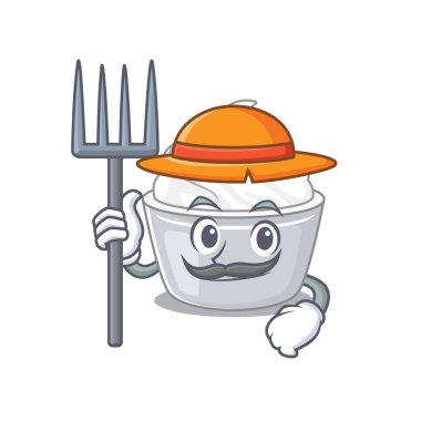 Şapkalı ve aletli ekşi kremalı mutlu çiftçi karikatürü. Vektör illüstrasyonu