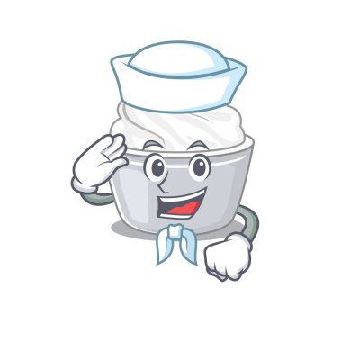 Ekşi krema çizgi film konsepti denizci şapkası takıyor. Vektör illüstrasyonu