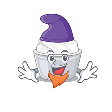 Komik ekşi kremalı çizgi film maskotu Elf gibi giyinmiş. Vektör illüstrasyonu