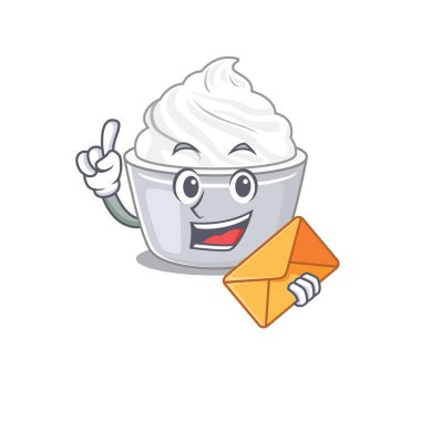 Gülen surat ekşi krema maskotu tasarımı ve zarf. Vektör illüstrasyonu