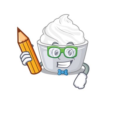 Zeki ekşi krema karakteri elinde kalem tutuyor. Vektör illüstrasyonu