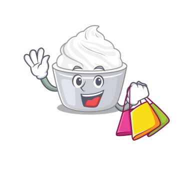 Dost canlısı, ekşi kremalı el sallayan ve alışveriş torbasını tutan biri. Vektör illüstrasyonu