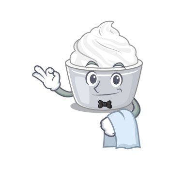 Tatlı ekşi krema karakteri garson olarak çalışıyor. Vektör illüstrasyonu