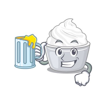 Gülen ekşi krema maskotu tasarımı ve büyük bir bardak. Vektör illüstrasyonu