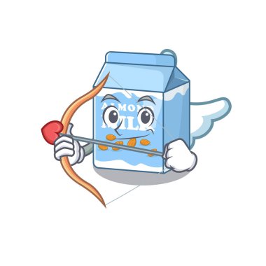 Tatlı badem sütü ok ve kanatlı aşk tanrısı çizgi film tasarımı. Vektör illüstrasyonu