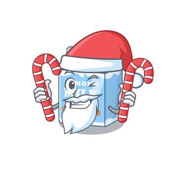 Badem sütlü çizgi film karakteri Noel Baba kostümü giyiyor ve şeker getiriyor. Vektör illüstrasyonu