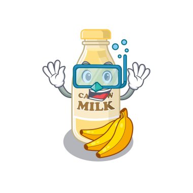 Dalgıç gözlüğü takan kaju fıstığı sütü karakteri. Vektör illüstrasyonu