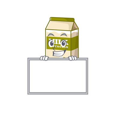 Pistachio sütlü çizgi film tasarımı konsepti tahtayla sırıtıyordu. Vektör illüstrasyonu