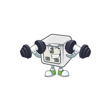 USB güç soketi maskotu spor salonunda halterleri deniyor. Vektör illüstrasyonu