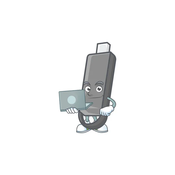 Icono Mascota Inteligente Flashdisk Trabajando Con Ordenador Portátil Ilustración Vectorial — Vector de stock