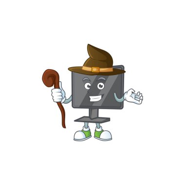 Sahnede cadı rolü yapan sevimli bir bilgisayar ekranı. Vektör illüstrasyonu