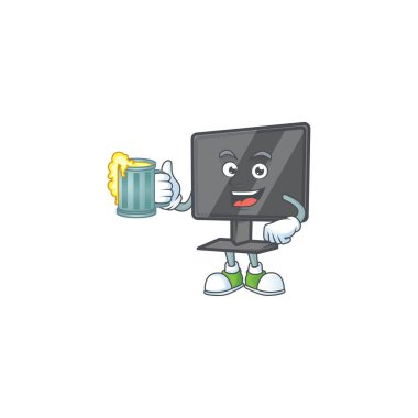 Smiley computer screen mascot design holding a glass of beer. Vector illustration