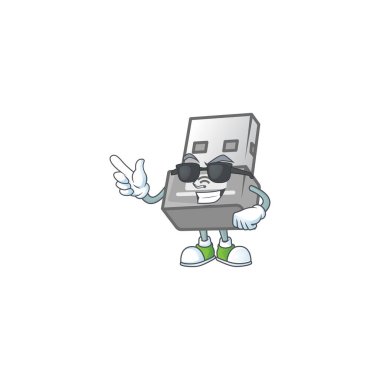 Süper havalı USB kablosuz adaptör maskot karakteri siyah gözlük takıyor. Vektör illüstrasyonu