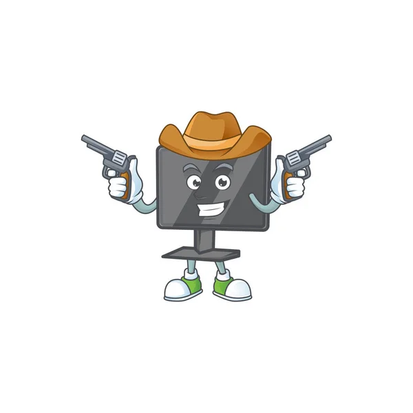Brave Computer Screen Cowboy Cartoon Character Holding Guns Vector Illustration — Stock Vector