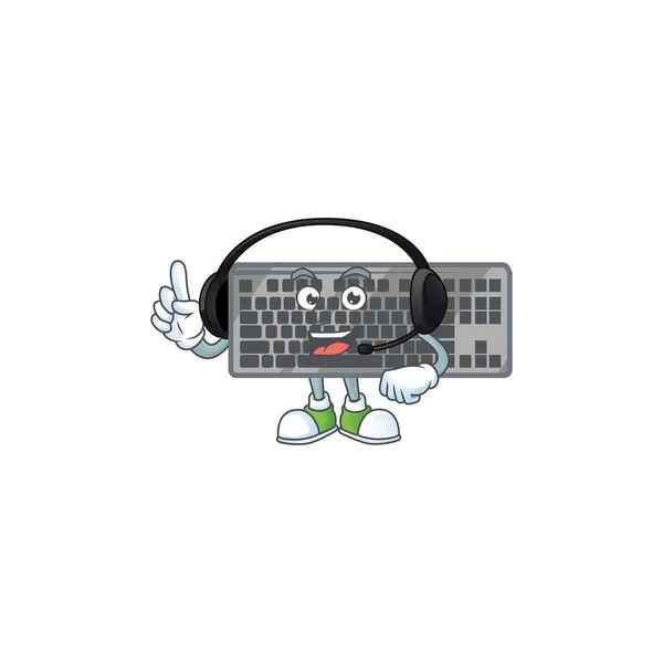 Doux Design Personnage Dessin Animé Clavier Noir Parlant Sur Casque — Image vectorielle