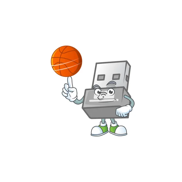 Een Sterke Usb Draadloze Adapter Stripfiguur Met Een Basketbal Vectorillustratie — Stockvector